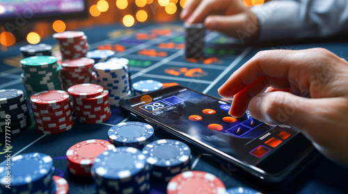 A person is playing a game on a smartphone. There are many red and blue chips on the table