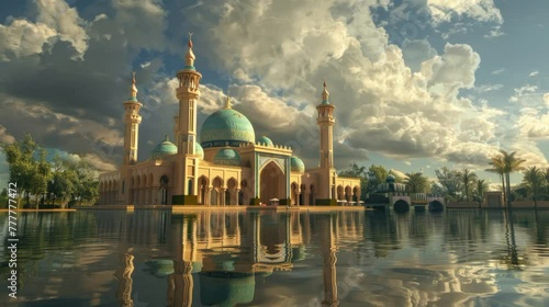 big mosque with pond green mosque moeslem with animated cloudy sky bright cloud in ramadan karrem happy eid al-fitr photo