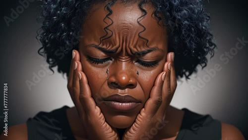 A black woman suffering from toothache, covering her face with both hands and frowning in pain against a dark background. A closeup portrait of an African American female having bad teeth pain. High photo