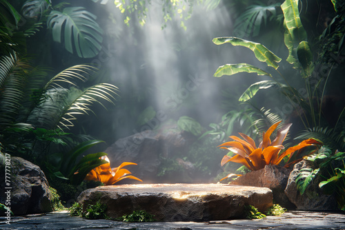 A wooden podium on the background of a rainforest with orange flowers.