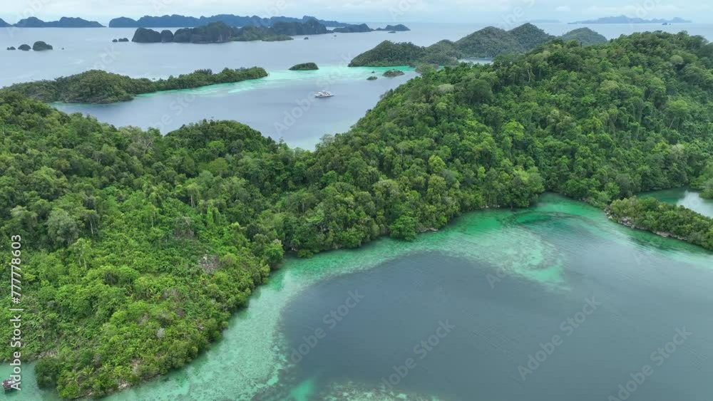 Scenic islands, surrounded by coral reef, rise from Raja Ampat's tropical seascape. This part of Indonesia is known as the heart of the Coral Triangle due to the marine biodiversity found there. Scenic islands, surrounded by coral reef, rise from Raja Ampat's tropical seascape. This part of Indonesia is known as the heart of the Coral Triangle due to the marine biodiversity found there.