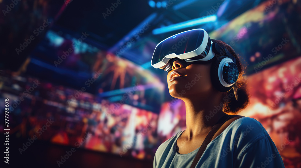 Portrait of girl wearing VR headset in colourful neon light, in futuristic world. Explores the metaverse's virtual space. Virtual reality and future technology concept.