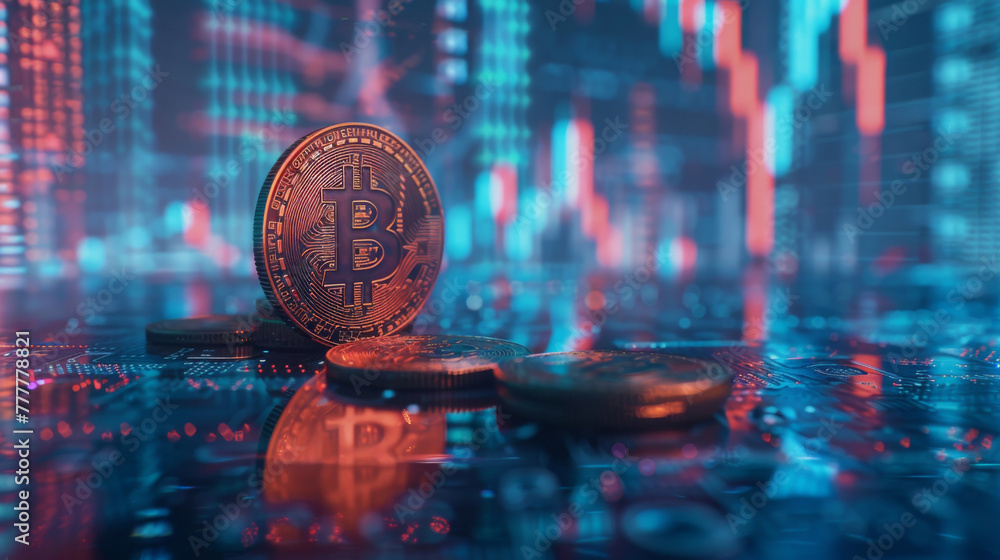 Close-up of a bitcoin amidst stock market graphs and digital data Close-up of a bitcoin amidst stock market graphs and digital data
