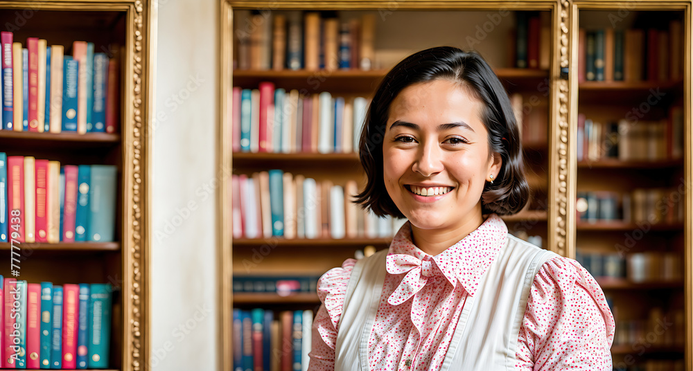 A woman standing in front of a bookshelf in a library. A woman standing in front of a bookshelf in a library.