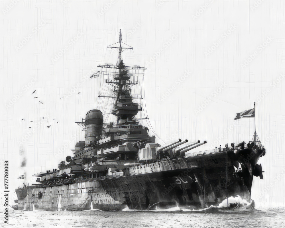 Vintage Battleship Sailing with Seagulls in Sketched Style