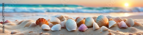 Abstract midsummer illustration of seashell on the seashore or ocean. Abstract background for design, place for text. 