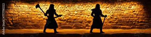 Abstract fantasy illustration shadow of ancient warriors on stone wall, blurred bokeh background for social media banner, website and for your design, space for text.	 photo