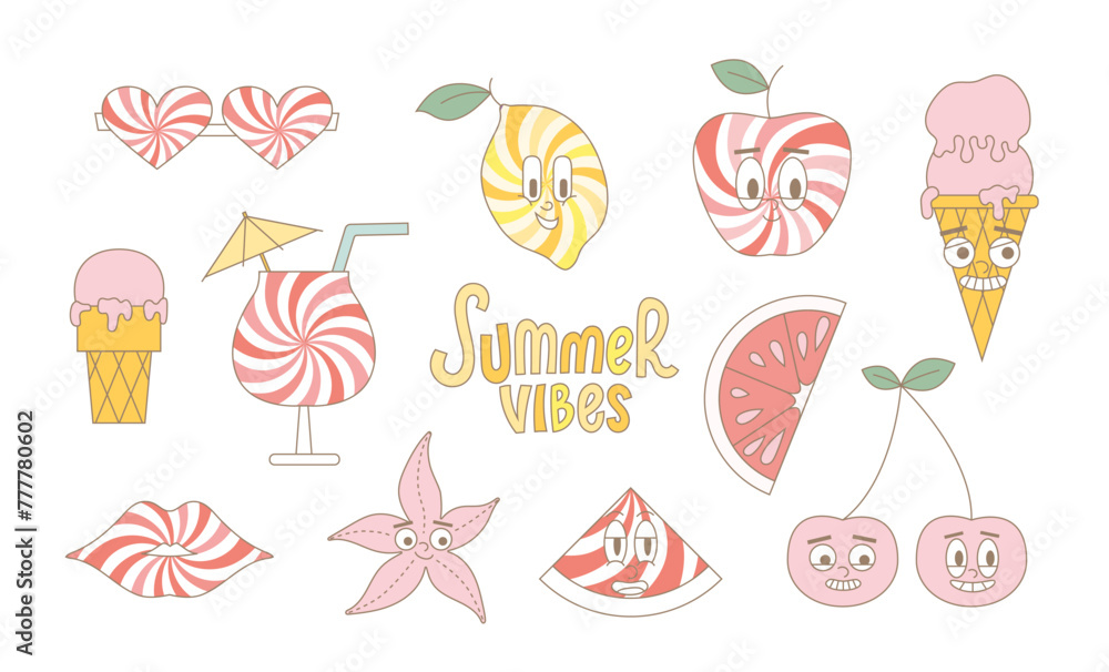 Groovy summer fruits, icecream, star, coctail. Funky mascot patch. Vector modern fruits Groovy summer fruits, icecream, star, coctail. Funky mascot patch. Vector modern fruits