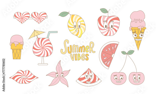 Groovy summer fruits, icecream, star, coctail. Funky mascot patch. Vector modern fruits