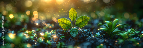 The circular economy icon on nature background, Green leaves in the garden during summer under sunlight with bokeh. Nature of green leaf in park. Natural green leaves plants using as spring background