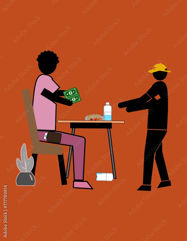 Fototapeta premium A man sitting at a table with a green bill in his hand