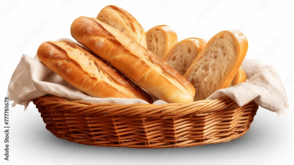 Bun bread in wicker basket isolated on white background. Wicker basket with assorted baking products isolated on white background