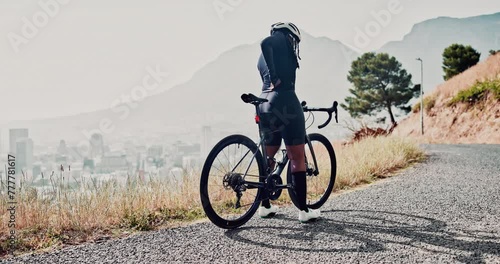 Nature, fitness and woman with stretching by bicycle for sports, marathon training and workout. Warm up, cyclist and bike on trail for cardio exercise, adventure and morning journey on mountain photo