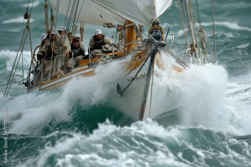 Obraz premium Intrepid Crew Navigating a Sailing Yacht Through Stormy Sea Waves in Challenging Weather Conditions