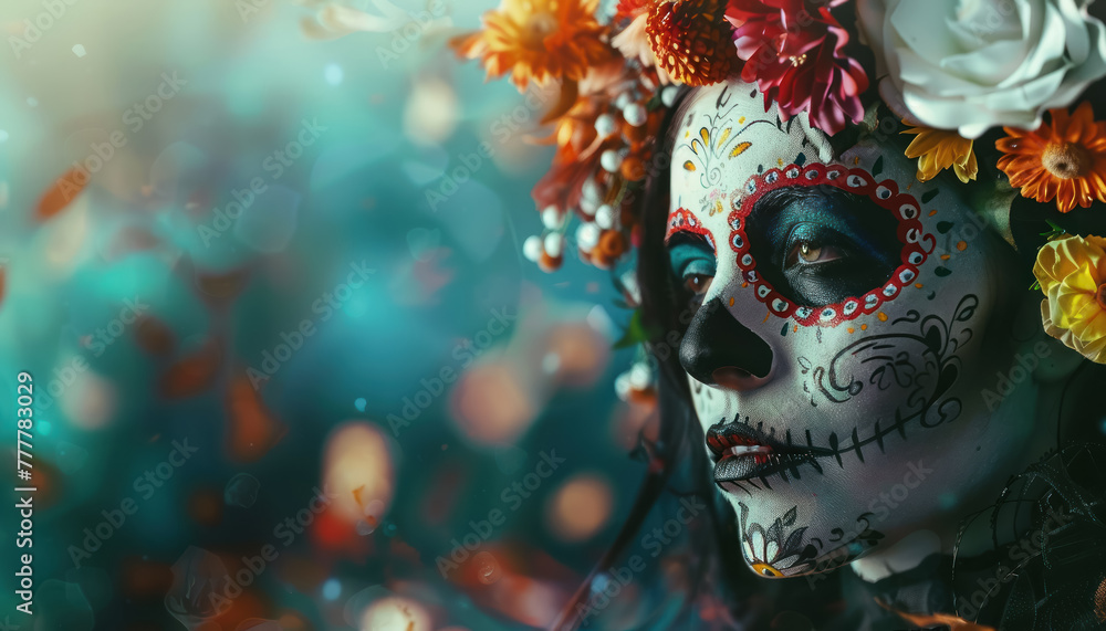 woman with intricate sugar skull makeup and vibrant floral crown in a mystical setting, dia de muertos concept  - obrazy, fototapety, plakaty 