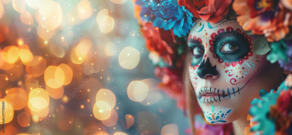festive sugar skull makeup on a woman with a colorful flower garland, bokeh background, dia de muertos concept 