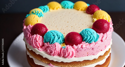 A cake with pink and blue frosting and colorful sprinkles.