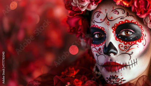 dramatic sugar skull makeup with red roses, symbolizing celebration and remembrance photo