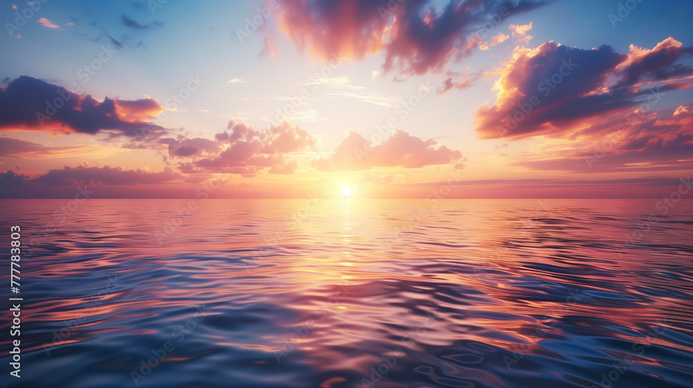 The sun is setting over the ocean, casting a warm glow on the water. The sky is filled with clouds, creating a moody atmosphere. The reflection of the sun on the water is a beautiful sight to behold