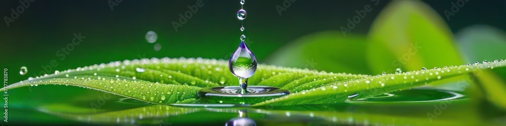 A close-up of a green leaf reveals an abstract pattern of water's gentle touch, with transparent drops and bubbles creating a fresh, organic texture.