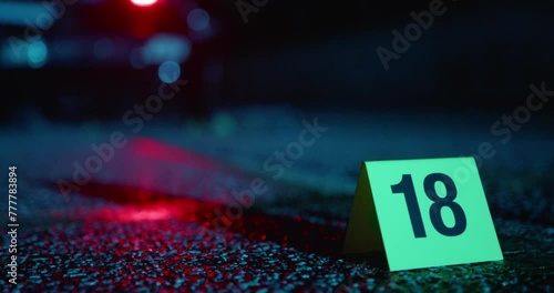 Evidence Markers next to blood on Concrete, Blood on Concrete, Night, Crime Scene, Slow Motion