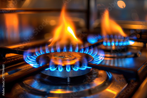 Blue and Orange Flames from Gas Stove Burner - Close-up View