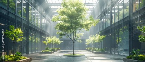 Modern Office Building with Green Foliage  Sunlight Filtering Through  Bright and Ecological Architecture