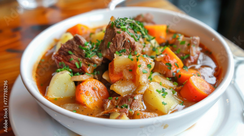 Traditional irish beef stew in white bowl