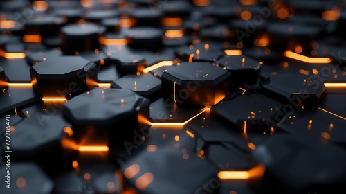 : A 3D illustration of dark hexagonal shapes with glowing edges, presenting a futuristic vibe, abstract render generative ai images