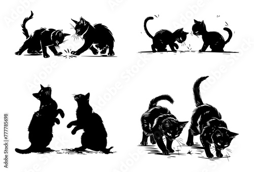 Set of black vector silhouettes depicting cats engaging in various playful activities