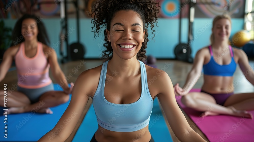 Three enthusiastic women engaging in a synchronized yoga routine on vibrant mats in a spacious, sun-drenched studio, real photo, stock photography
