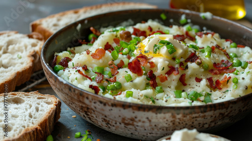 Traditional irish colcannon with bacon and green onions