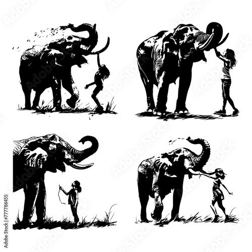 Women playing with and elephant, symbolising care. vector illustration against white background 