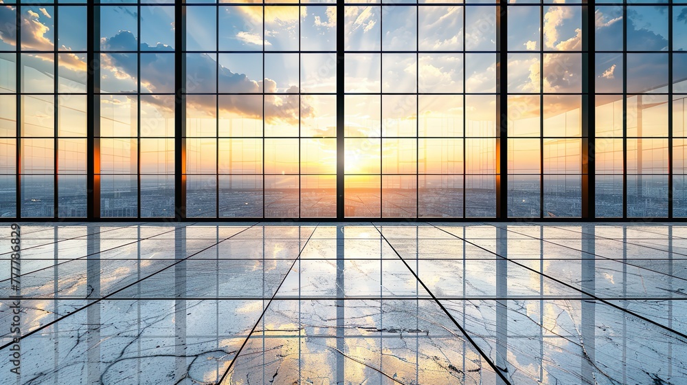 Luxury office with high ceilings and spacious windows overlooking the city skyline at sunset Luxury office with high ceilings and spacious windows overlooking the city skyline at sunset