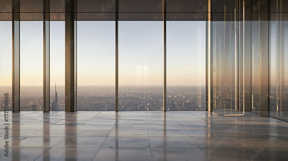 Fototapeta premium Luxury office with high ceilings and spacious windows overlooking the city skyline at sunset