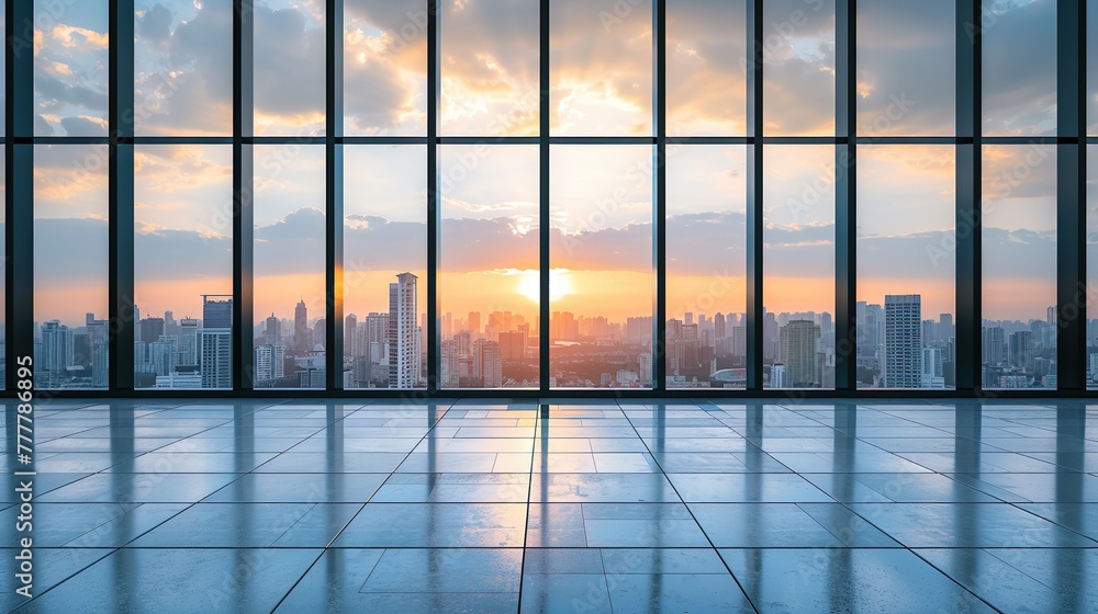 Fototapeta premium Luxury office with high ceilings and spacious windows overlooking the city skyline at sunset
