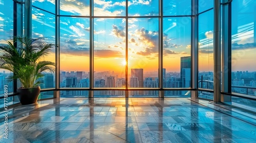 Luxury office with high ceilings and spacious windows overlooking the city skyline at sunset