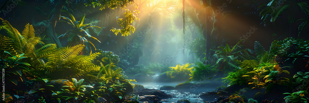 Tropical forest,
The forest by the sun near a tree with a ray of light

