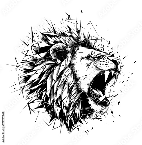 Dynamic roaring lion illustration with a shattered effect emphasizing power and ferocity