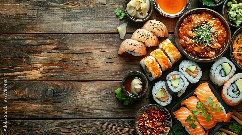 Asian food served on white wooden table and black background, top view, space for text. Asian food served on white wooden table and black background, top view, space for text.