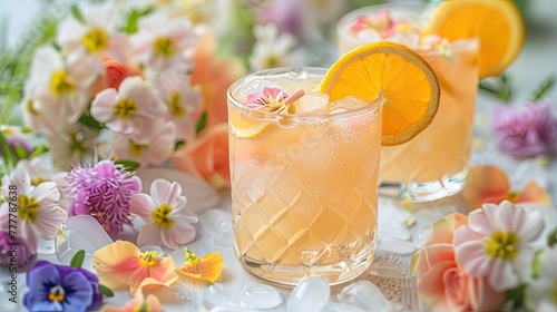 Orange cocktail with a citrus garnish and surrounded by a variety of colorful flowers