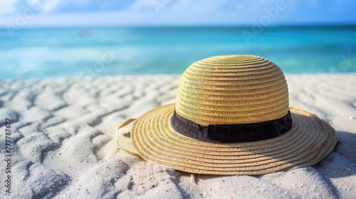Elegant straw hat on sandy beach with sunny tropical backdrop