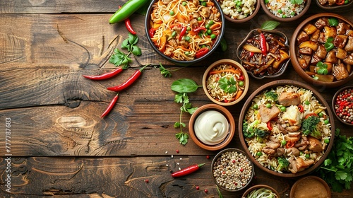 Asian food served on white wooden table and black background, top view, space for text.