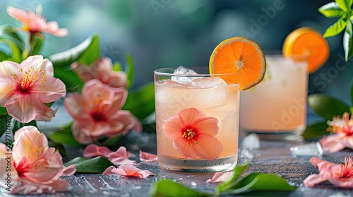 A tropical cocktail adorned with a hibiscus flower, surrounded by lush blooms