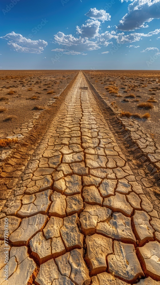 A long straight road leading through an arid desert landscape