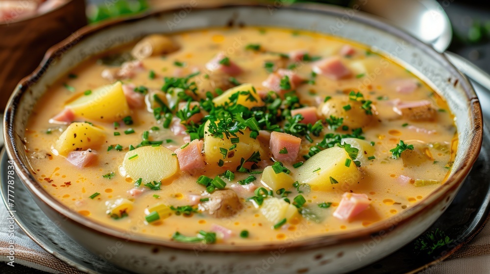 Creamy potato soup with ham and herbs in a rustic bowl, comfort food concept