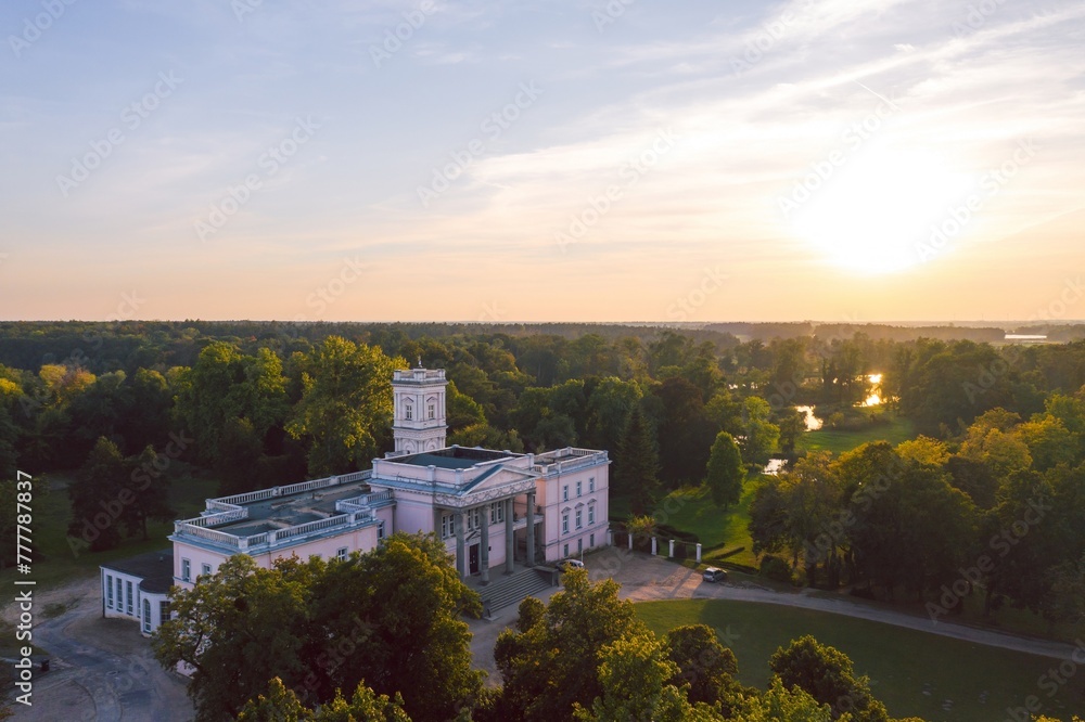 The palace of the Mielżyński and Kościelski noble families with the adjacent Miloslaw Park in Miłosław, Września County, Greater Poland Voivodeship (Wielkopolska), Poland