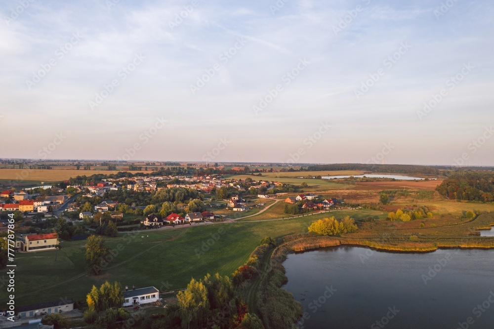 Aerial skyline cityscape of Miłosław at sunset, a town in Września County, Greater Poland Voivodeship (Wielkopolska), Poland