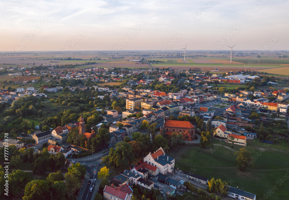 Aerial skyline cityscape of Miłosław at sunset, a town in Września County, Greater Poland Voivodeship (Wielkopolska), Poland