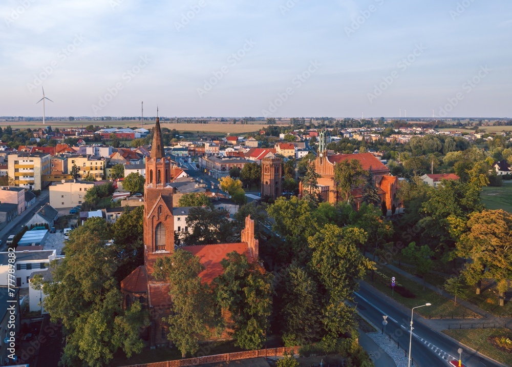 Aerial skyline cityscape of Miłosław at sunset, a town in Września County, Greater Poland Voivodeship (Wielkopolska), Poland